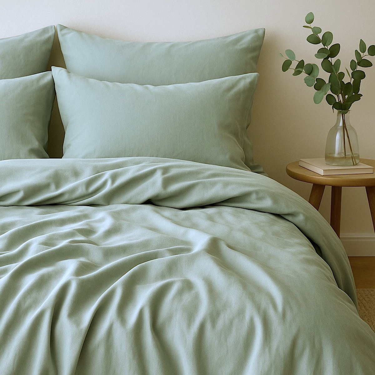 Parure + taies 65x65 satin lavé de coton bio GAIA Made in Europe vert céladon, FEBRONIE