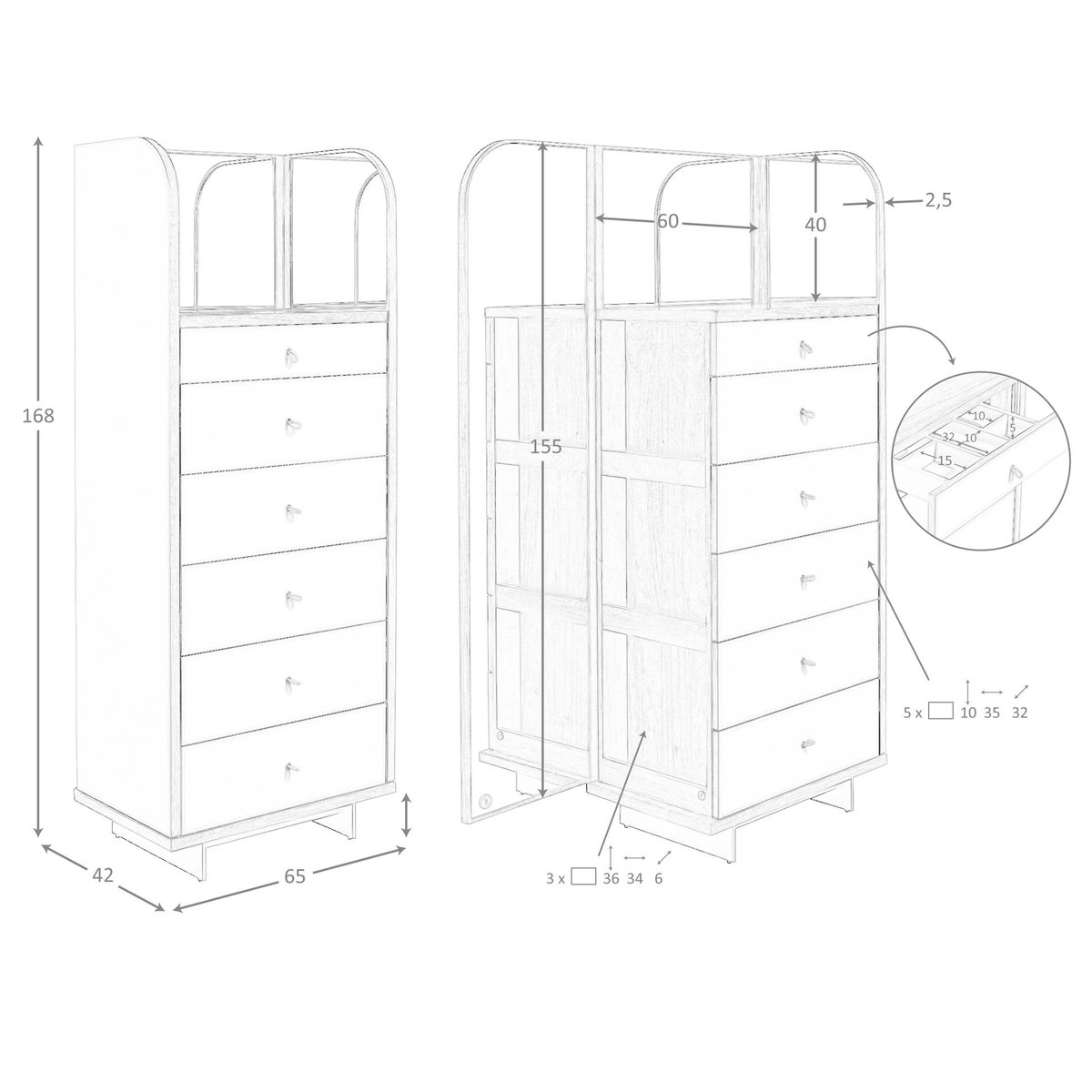 Commode en similicuir, noyer et acier poli avec miroir vison | noyer | acier, ANGEL CERDA
