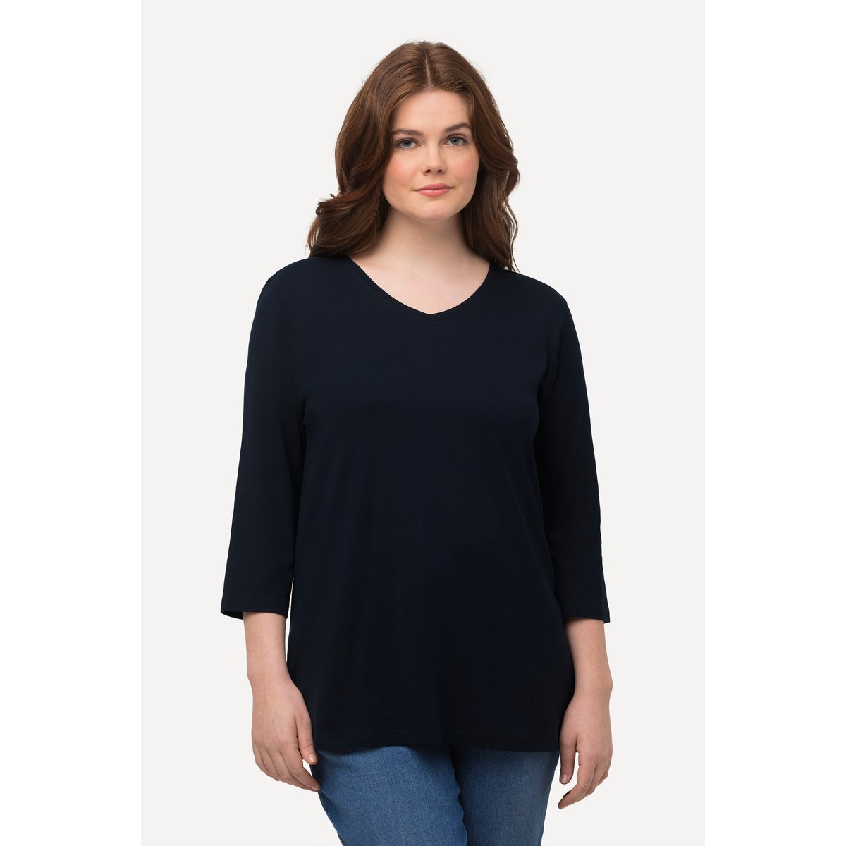 T-shirt V basic, classic, manches 3/4 marine, ULLA POPKEN