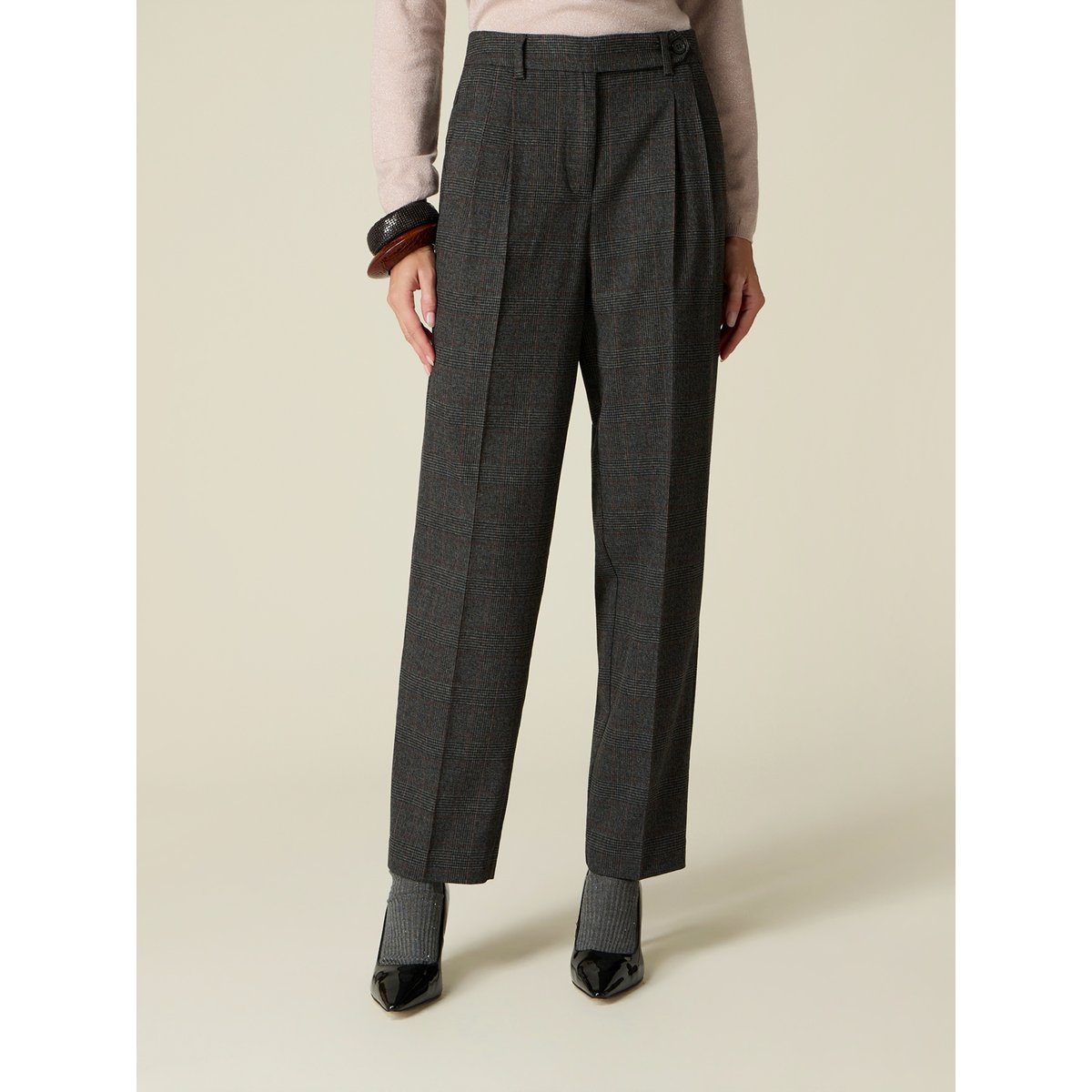 Pantalon carotte à motif prince-de-galles gris, OLTRE