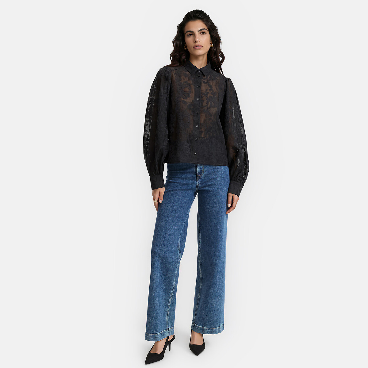 Camicia ampia ricamata, con maniche a sbuffo nero , LA REDOUTE COLLECTIONS