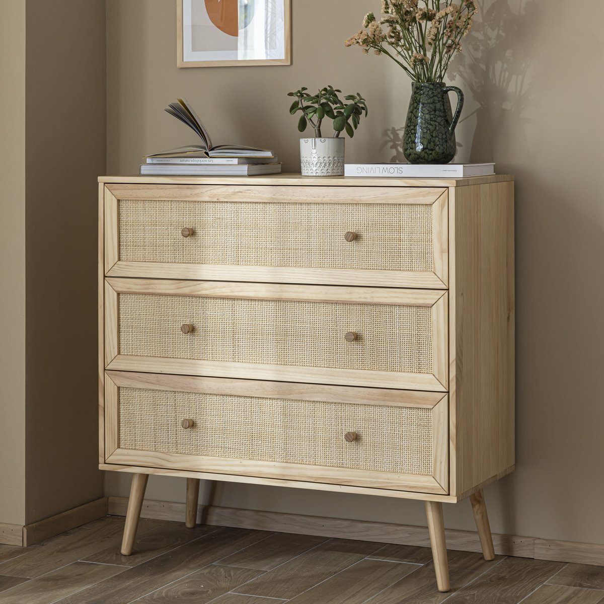Chambre complète lit cannage enfant avec commode et chevet - ANNA bois naturel, TERRE DE NUIT