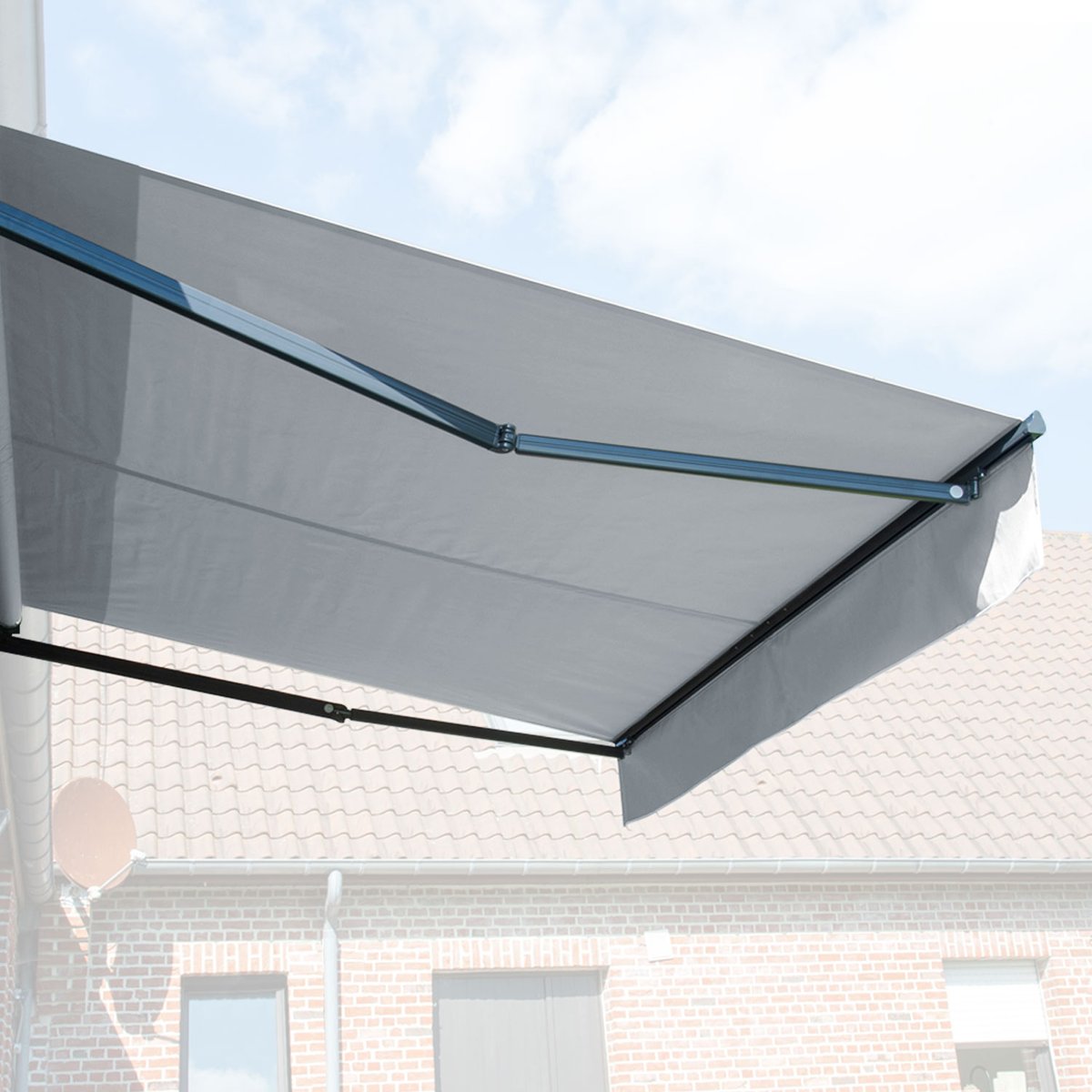 Store banne, semi-coffre, 3,95x3m, SAULE gris, gris anthracite, HAPPY GARDEN