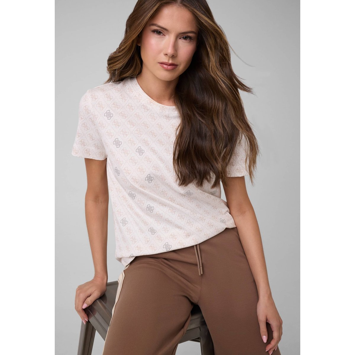 T-Shirt Logo 4G Clouté beige multi, GUESS