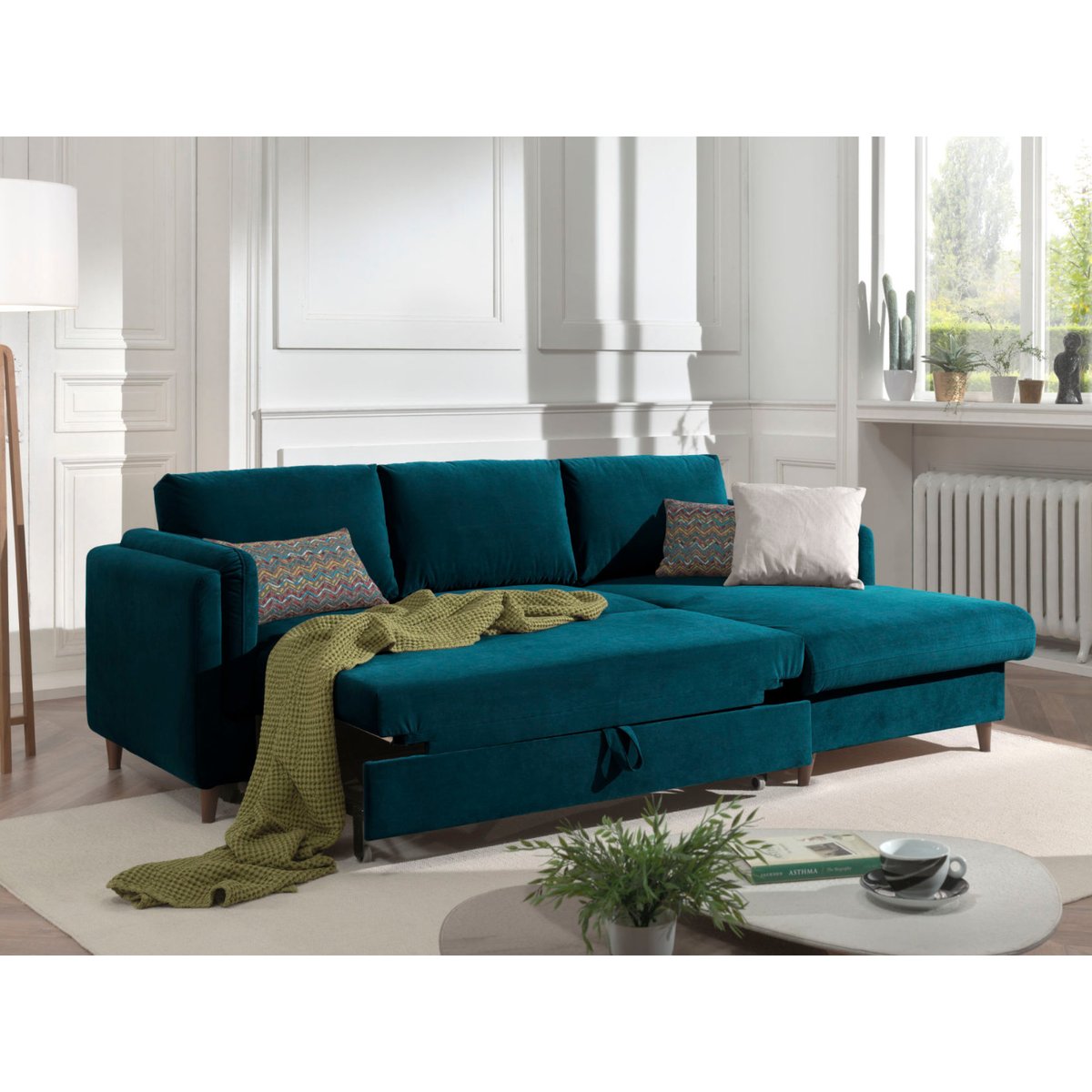 Canapé d'Angle Convertible 4 places - BROOKE bleu canard, BEST MOBILIER