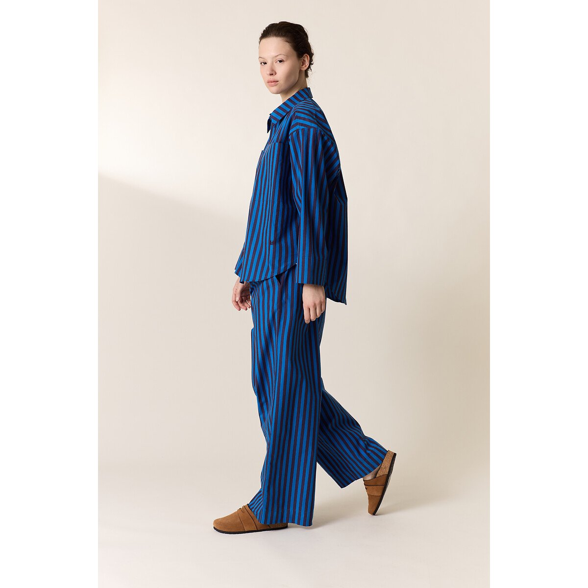 Pantalon large rayé à taille élastiquée, PARTOS rayé bleu, LEON & HARPER