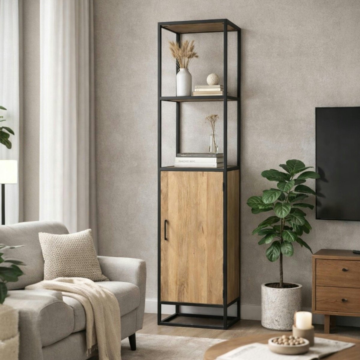 Colonne salon en bois clair 1 porte 2 plateaux RIVANO bois naturel, PIER IMPORT