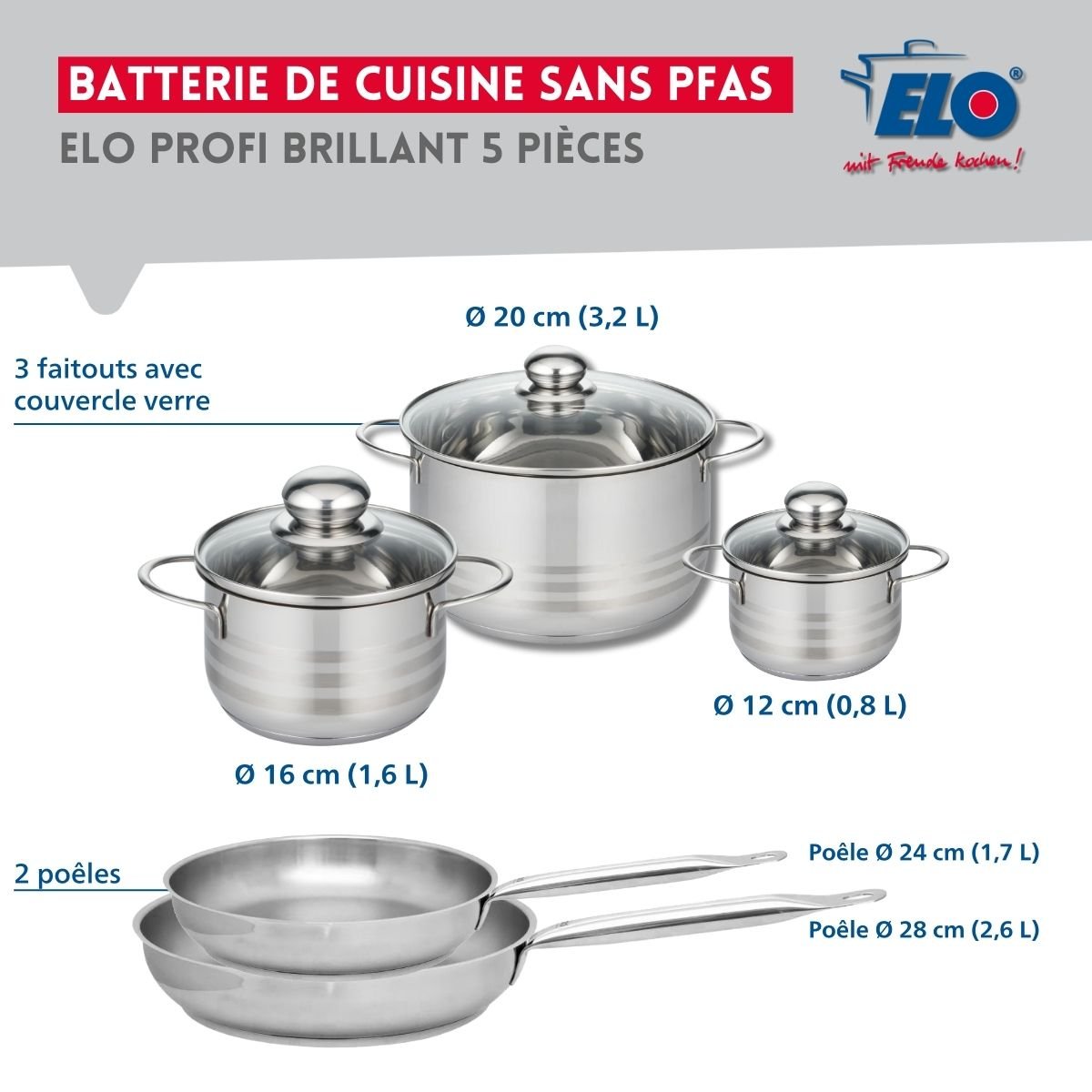 Batterie 2 poêles 24/28cm + 3 faitouts 12/16/20cm PROFI BRILLANT gris, ELO
