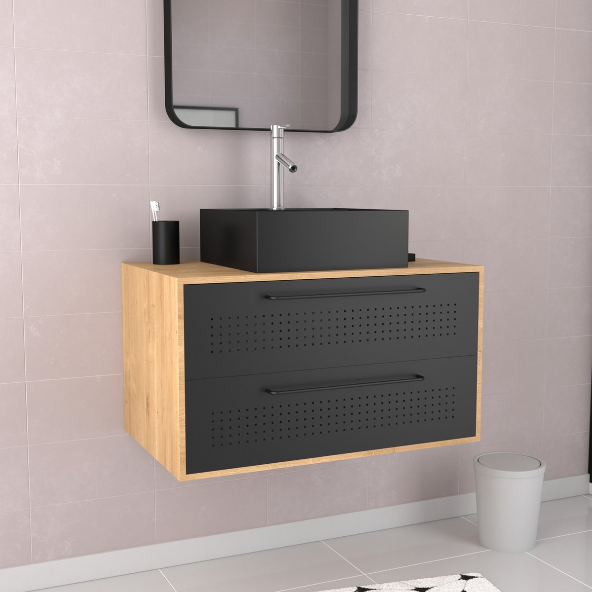 Set meuble de salle de bains avec vasque carrée noir, HOME MAISON