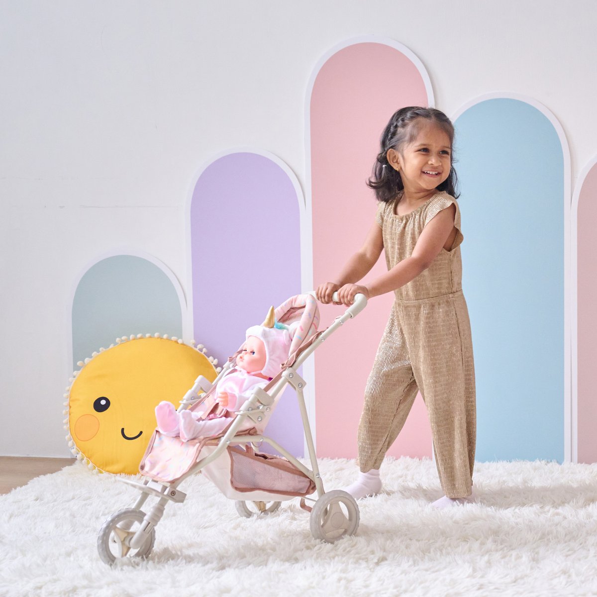 Poussette jogging avec accessoires harnais et panier beige, TEAMSON KIDS