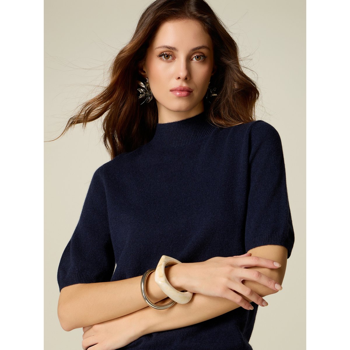 Pull col rond manches courtes bleu, OLTRE