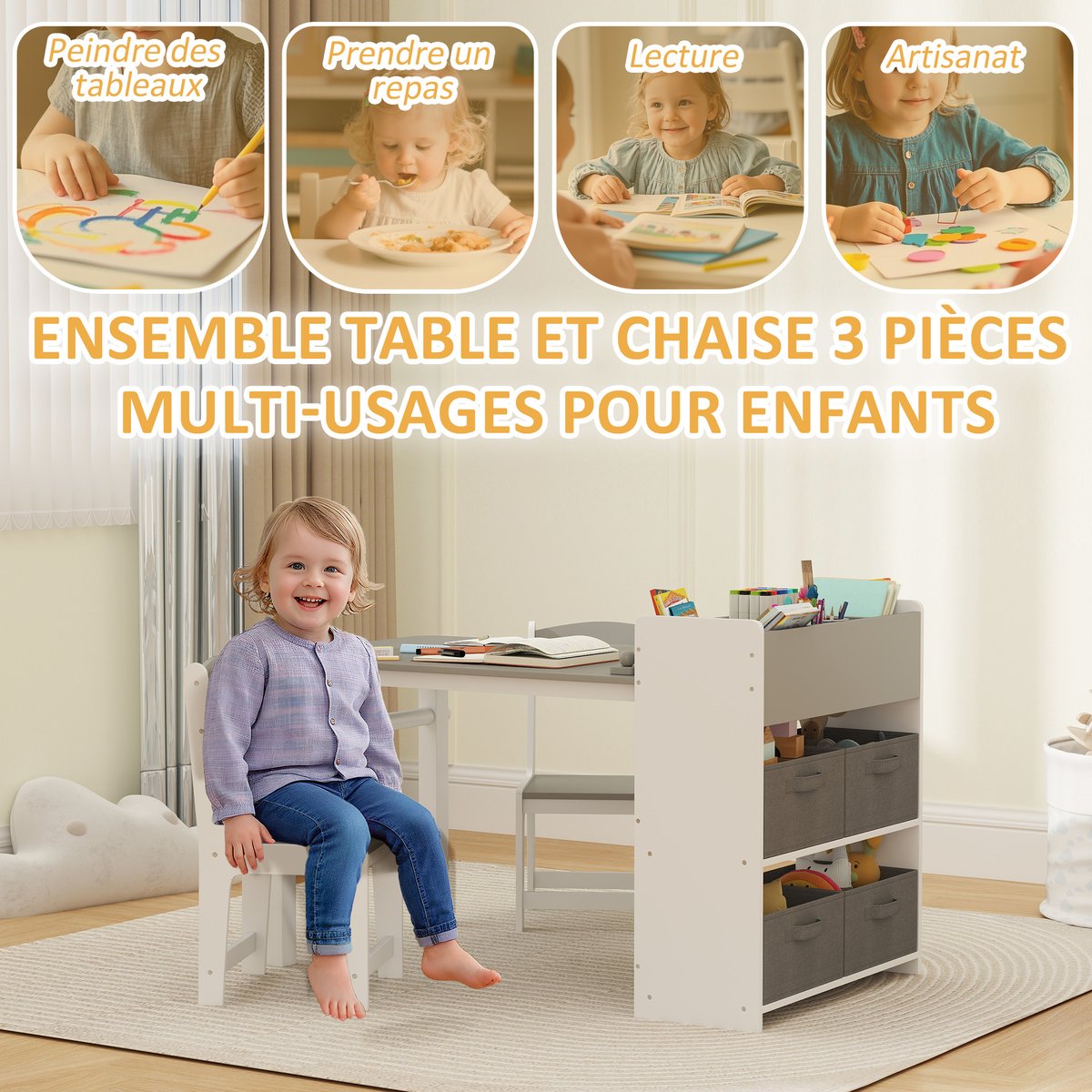 Ensemble table et chaises pour enfants MDF gris, blanc, AIYAPLAY