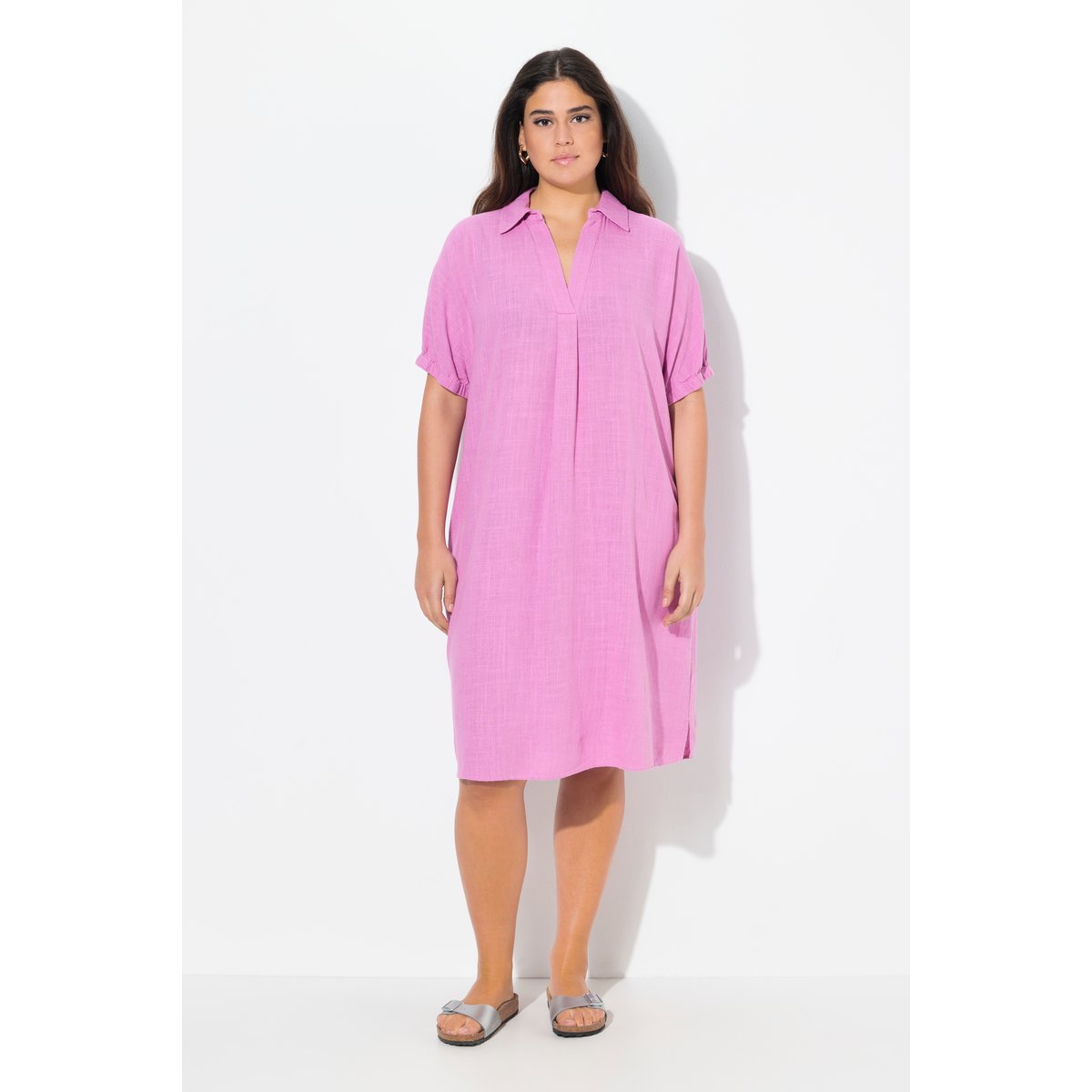 Robe oversize en lin mélangé. Col chemise rose frais, ULLA POPKEN