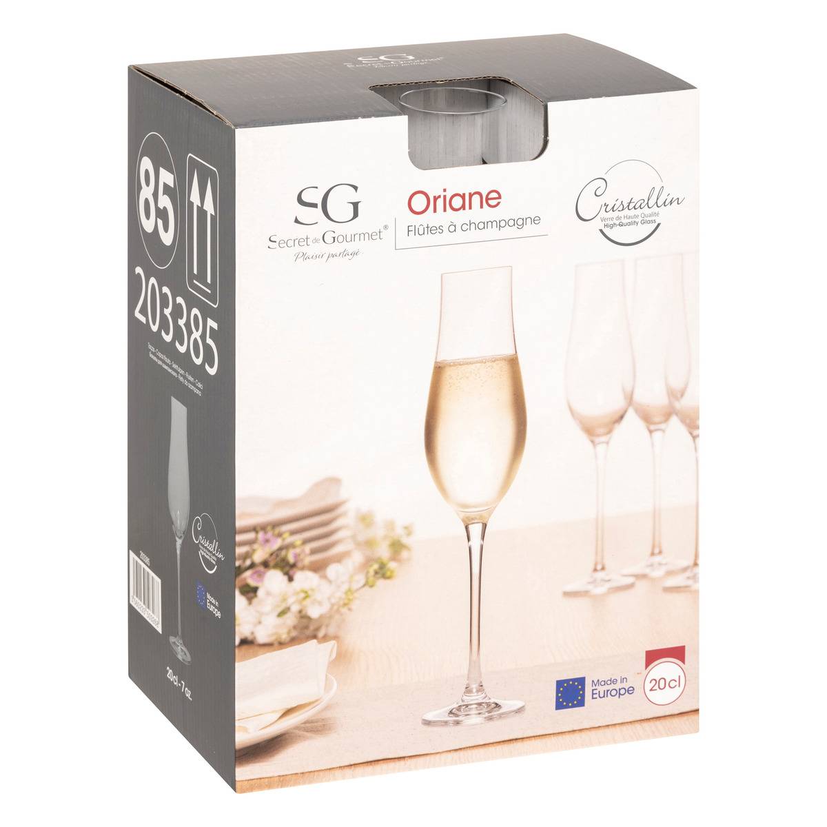 Lot de 6 flûtes à champagne en verre cristallin 20 cl ORIANE transparent, SECRET DE GOURMET