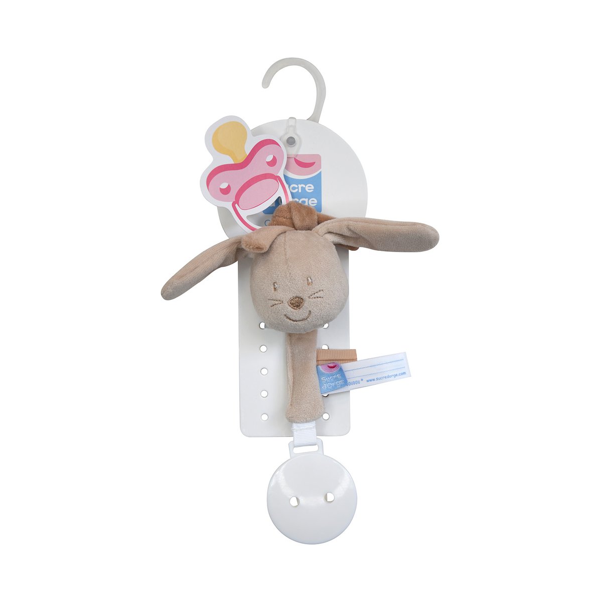 Attache tetine lapin velours doux beige beige, SUCRE D'ORGE