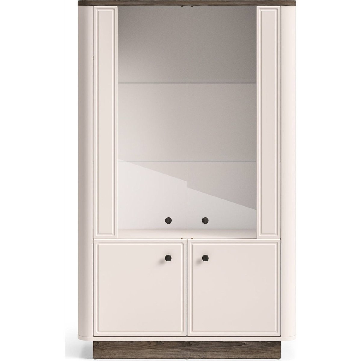 Vitrine basse 4 portes éclairée VILAVIO beige cachemire et chêne foncé, RECOLLECTION
