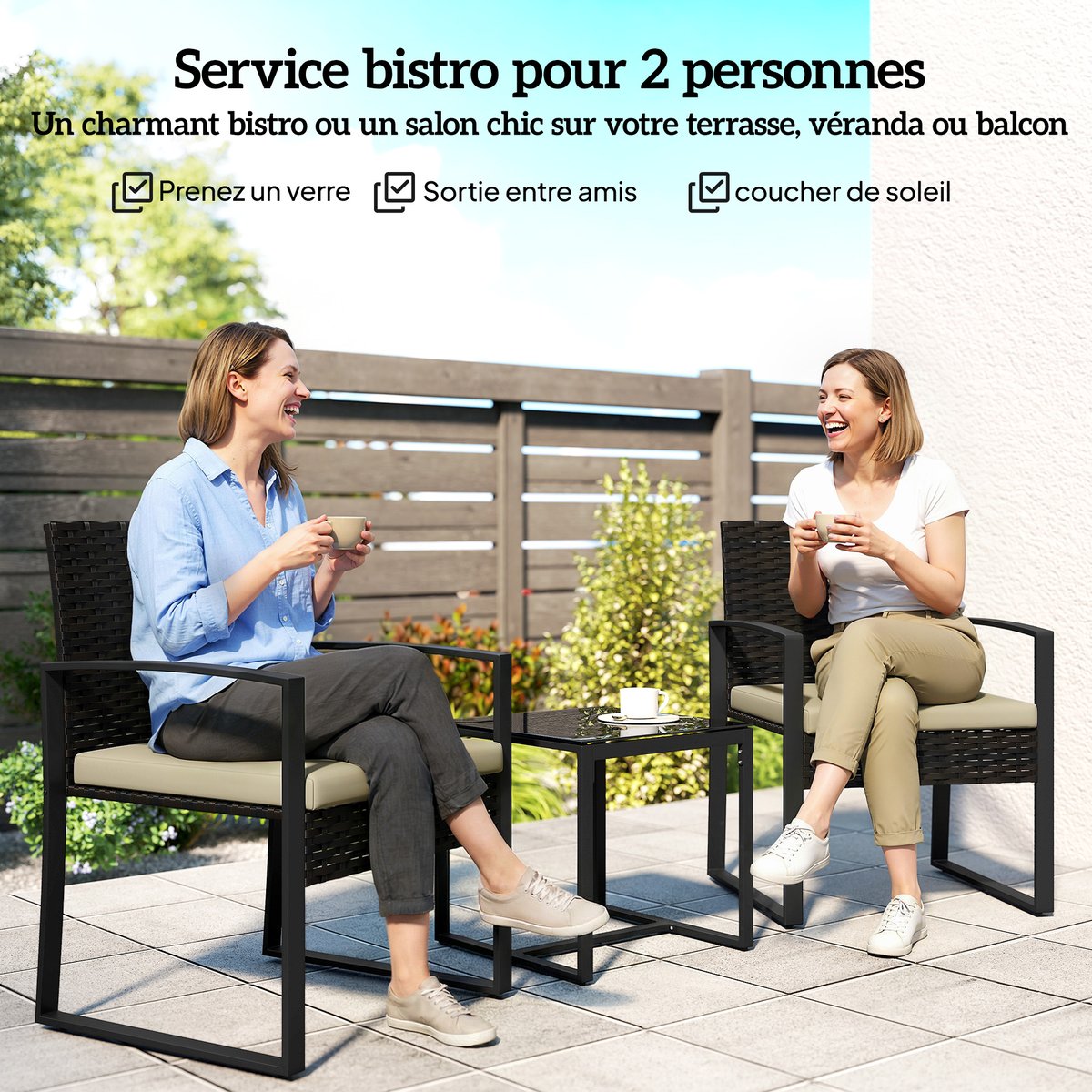 Ensemble de bistro en rotin Acier Marron marron, kaki, noir, OUTSUNNY