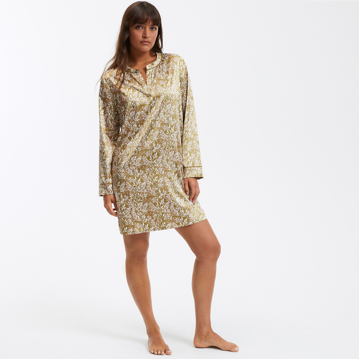 Leaf Print Satin Nightshirt ochre print, LA REDOUTE COLLECTIONS