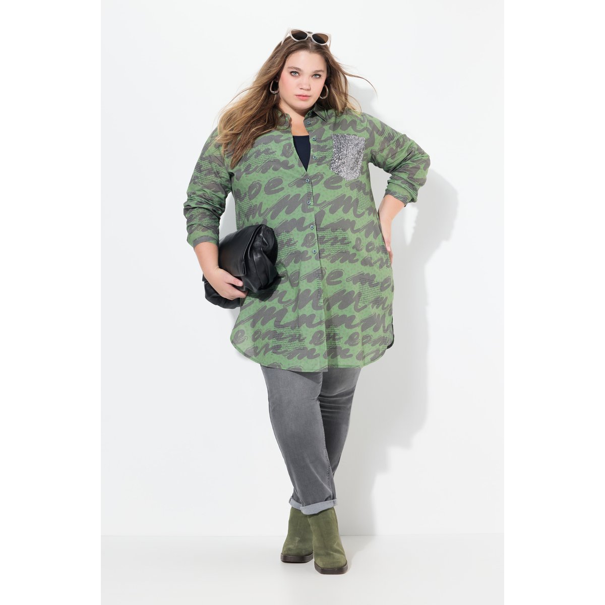 Chemisier long motif abstrait vert sauge, ULLA POPKEN