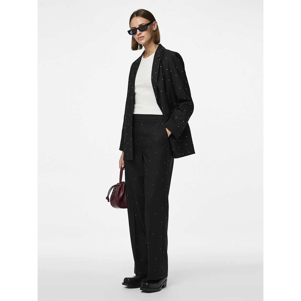 Wide Leg Trousers with High Waist and Diamanté Detailing black, PIECES