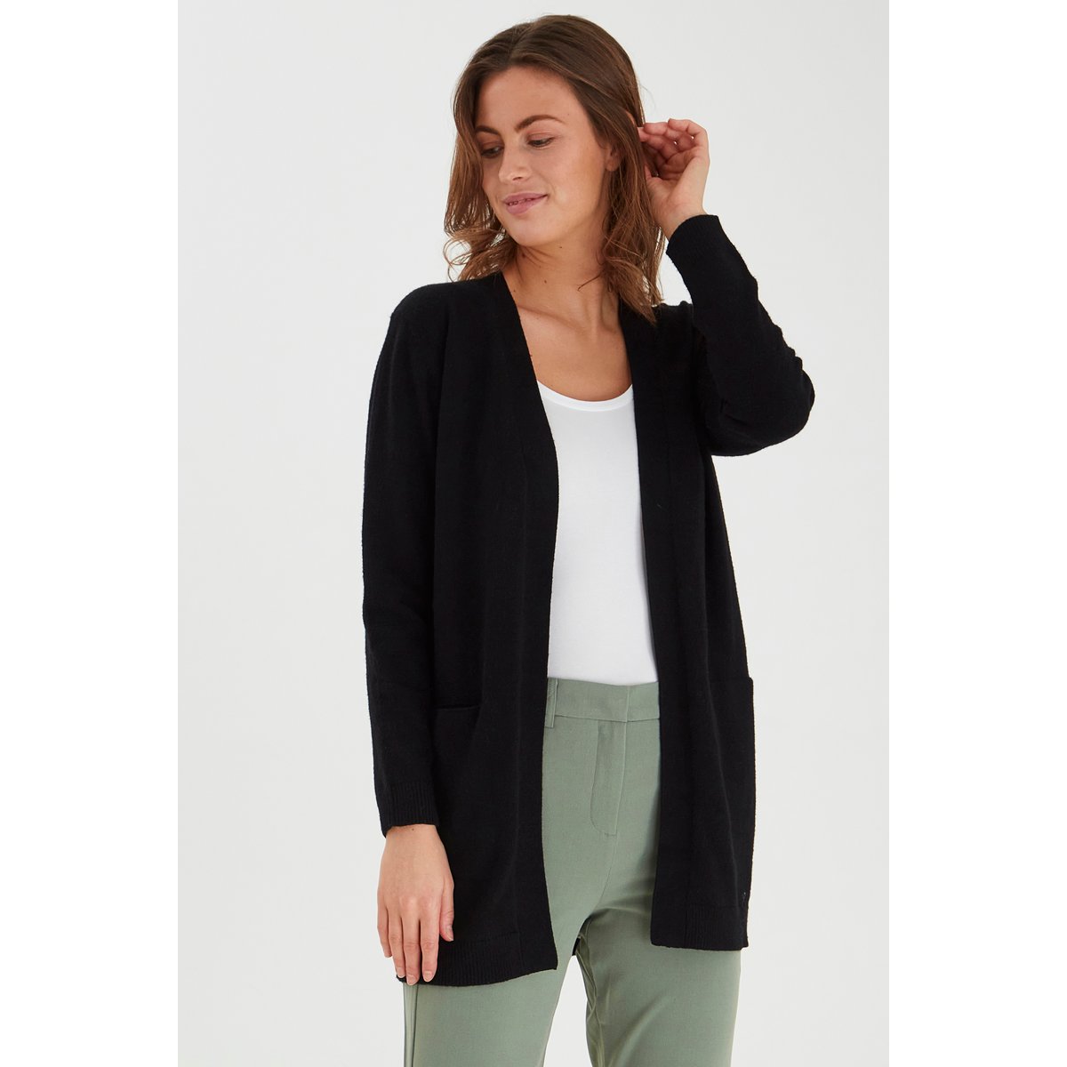 Cardigan en maille, manches longues, col ouvert, 2 poches noir, B.YOUNG
