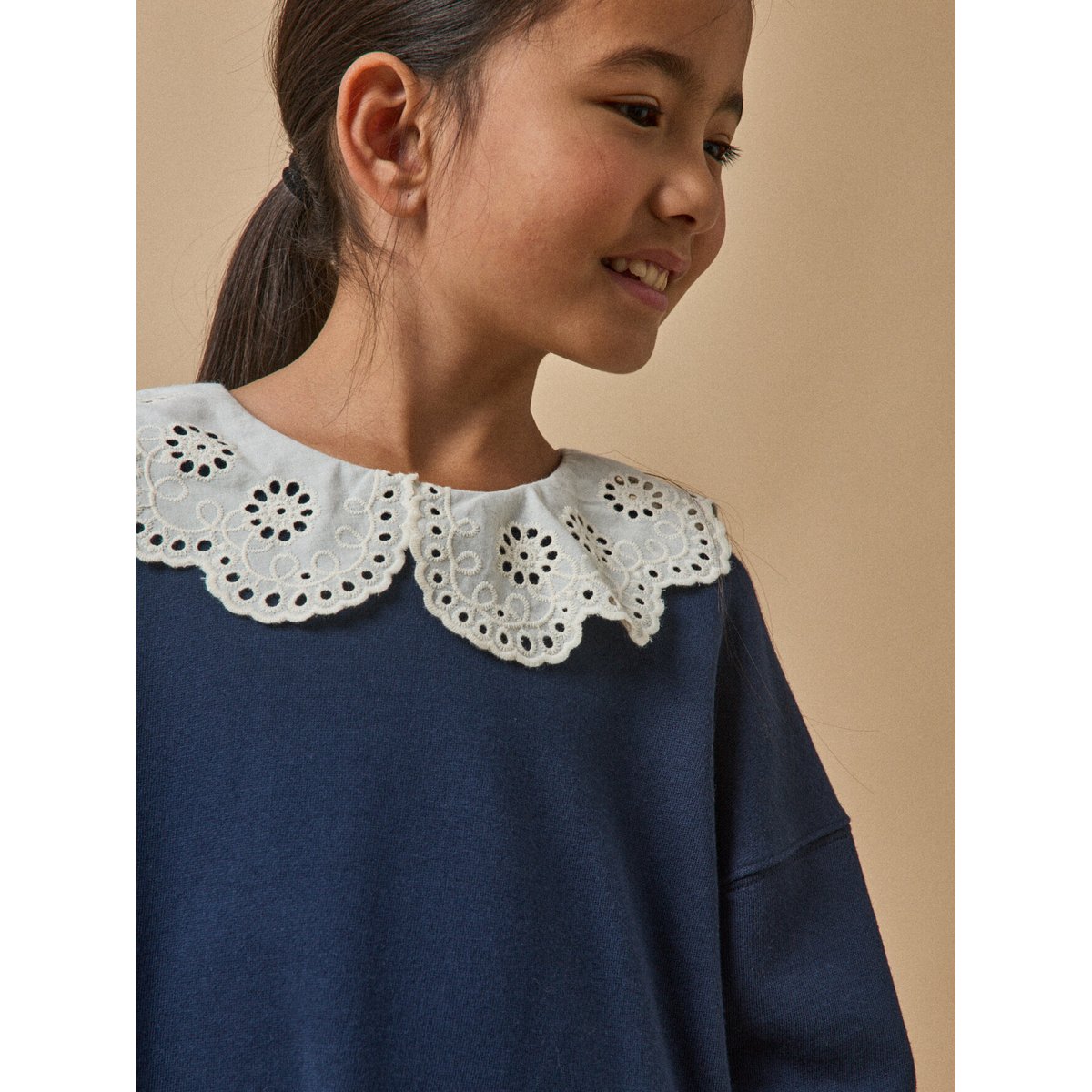 Robe grand col brodé - coton biologique marine, CYRILLUS