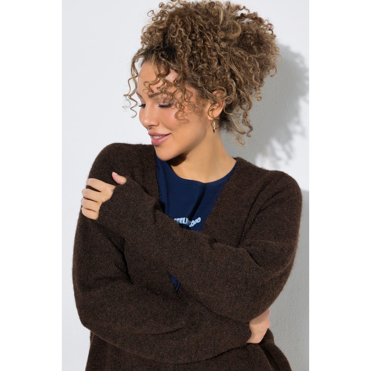 Cardigan manches longues et encolure en V acajou, ULLA POPKEN