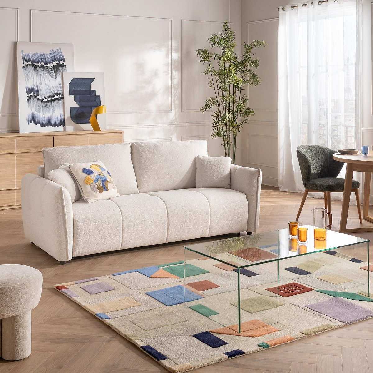 Canapé convertible - Matelas 13 cm - Tissu texturé Oria BOSTON crème, HABITAT