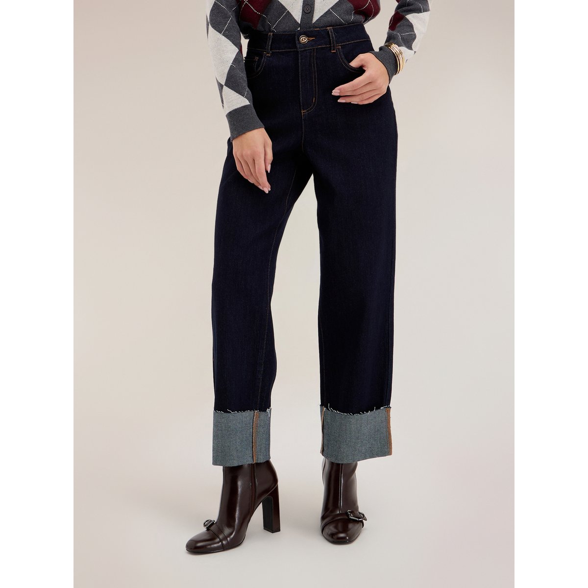Jean cropped taille haute avec revers bleu, MOTIVI