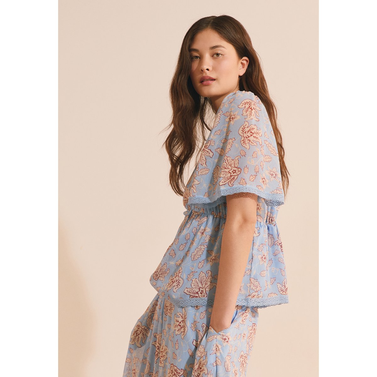 Blouse col v à motifs ROMAN IMP imp bleu vert, ETAM