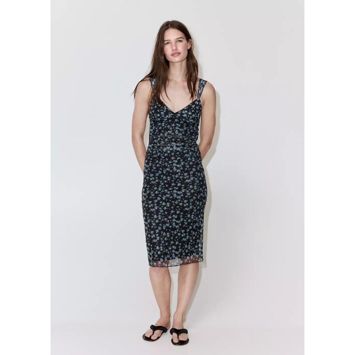 Robe tulle en imprimé fleuri noir, MANGO