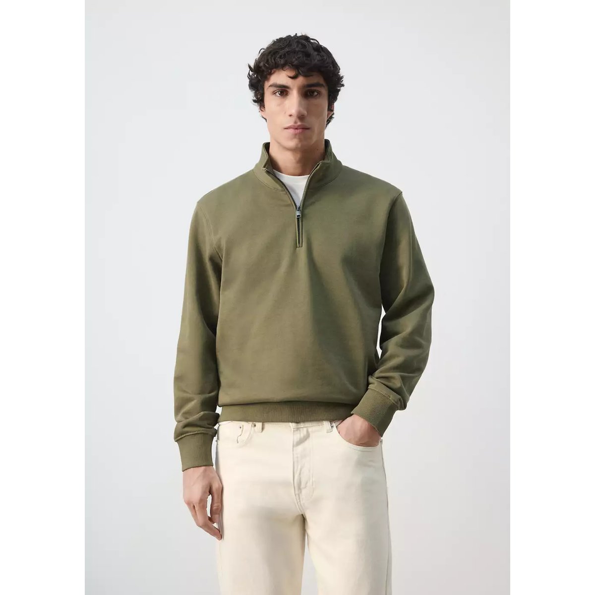 Sweat à col zippé 100 % coton léger vert foncé, MANGO MAN