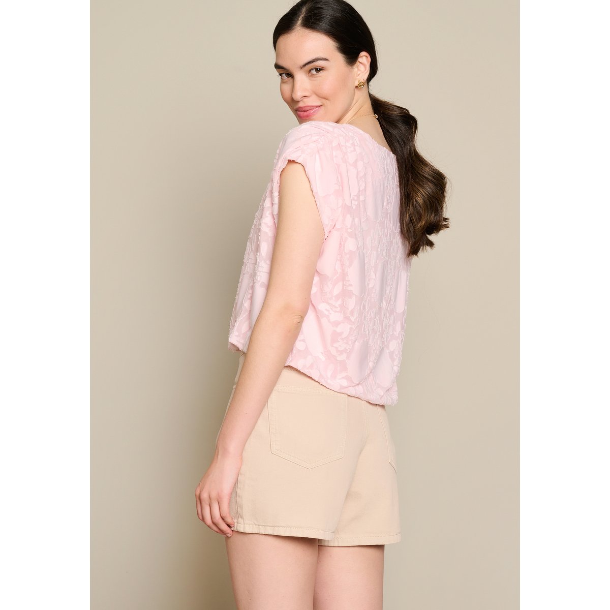 T-shirt jacquard col v rose clair, LOLALIZA