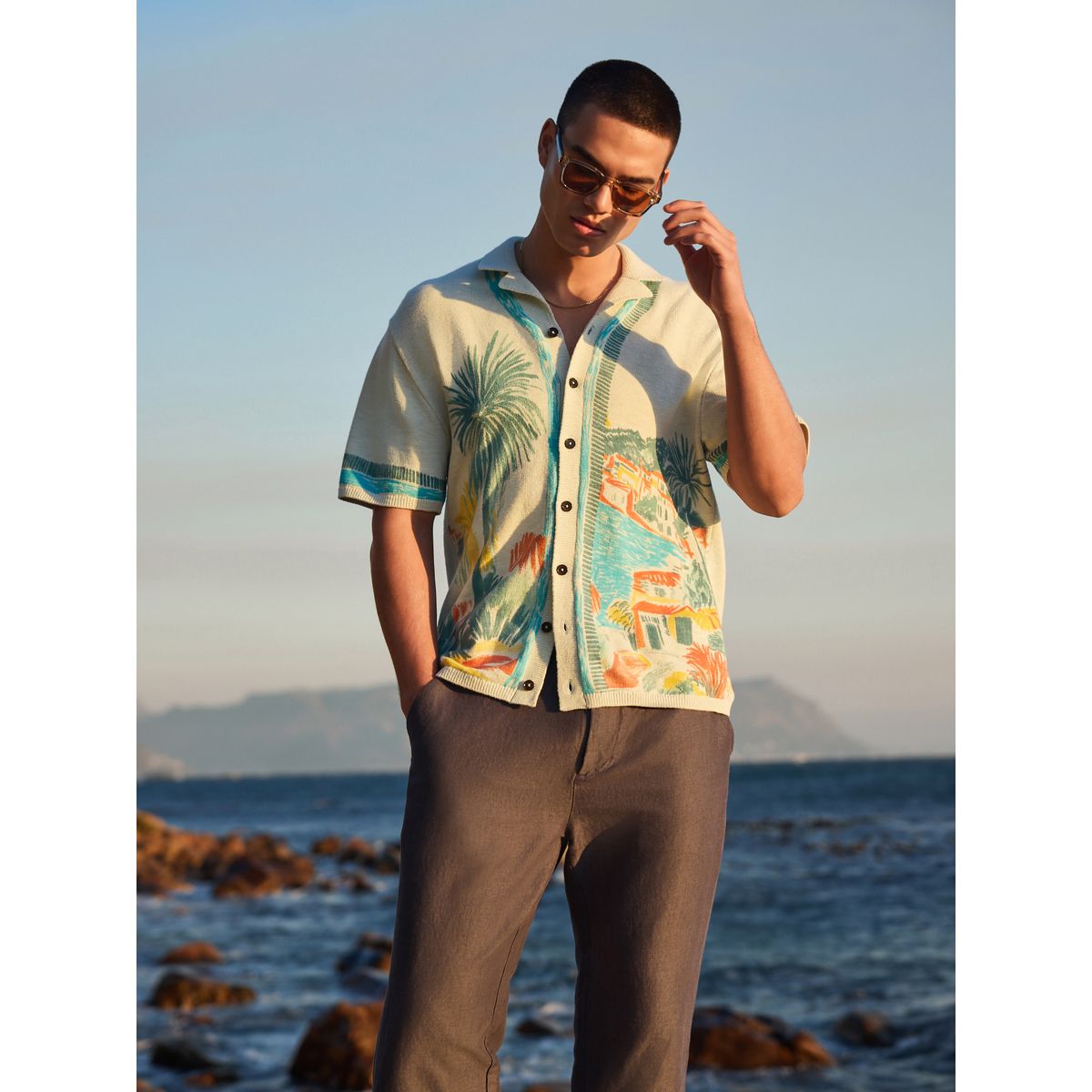 Chemise en maille à imprimé paysage bleu clair, NEXT