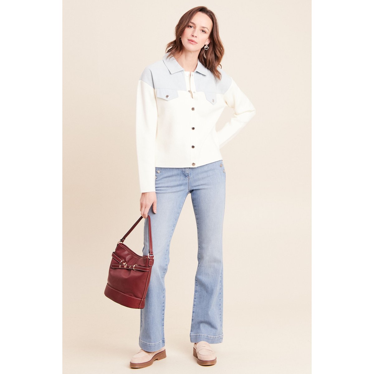 Gilet manches longues col chemise ecru, BREAL