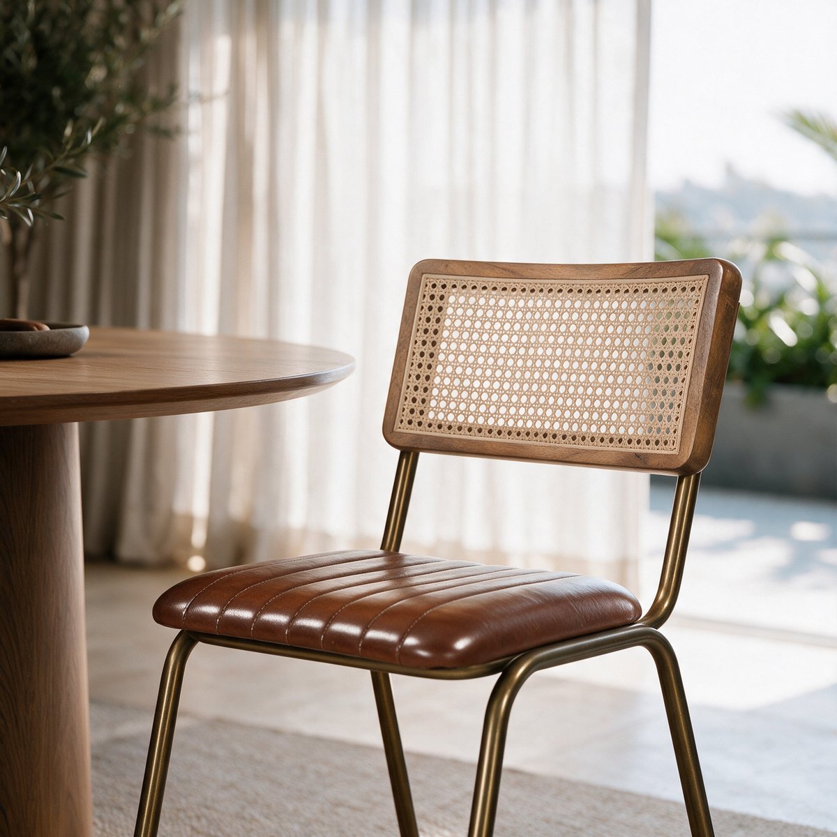 Lot de 2 chaises en cuir et cannage - ARSÈNE marron et métal doré, MAISON PAVANE