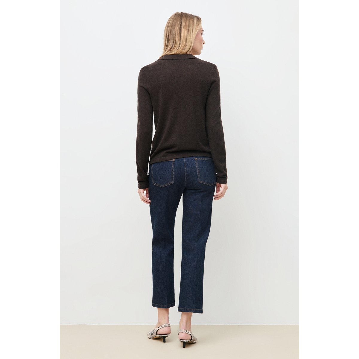 Pull droit court col chemise MPOPPY marron foncé, CAROLL