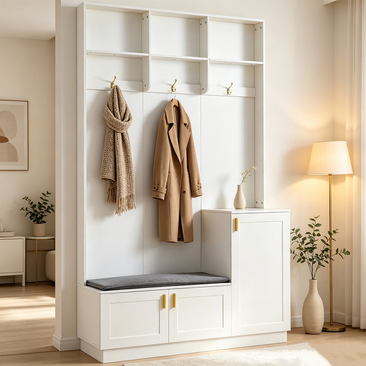 Vestiaire d'entrée avec banc et rangement, PORTER-F blanc, MEUBLES COSY