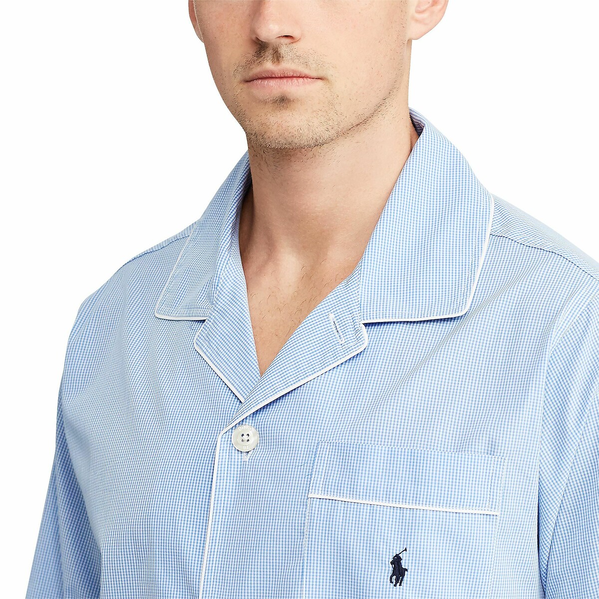 Pijama largo de popelín con estampado vichy azul claro, POLO RALPH LAUREN