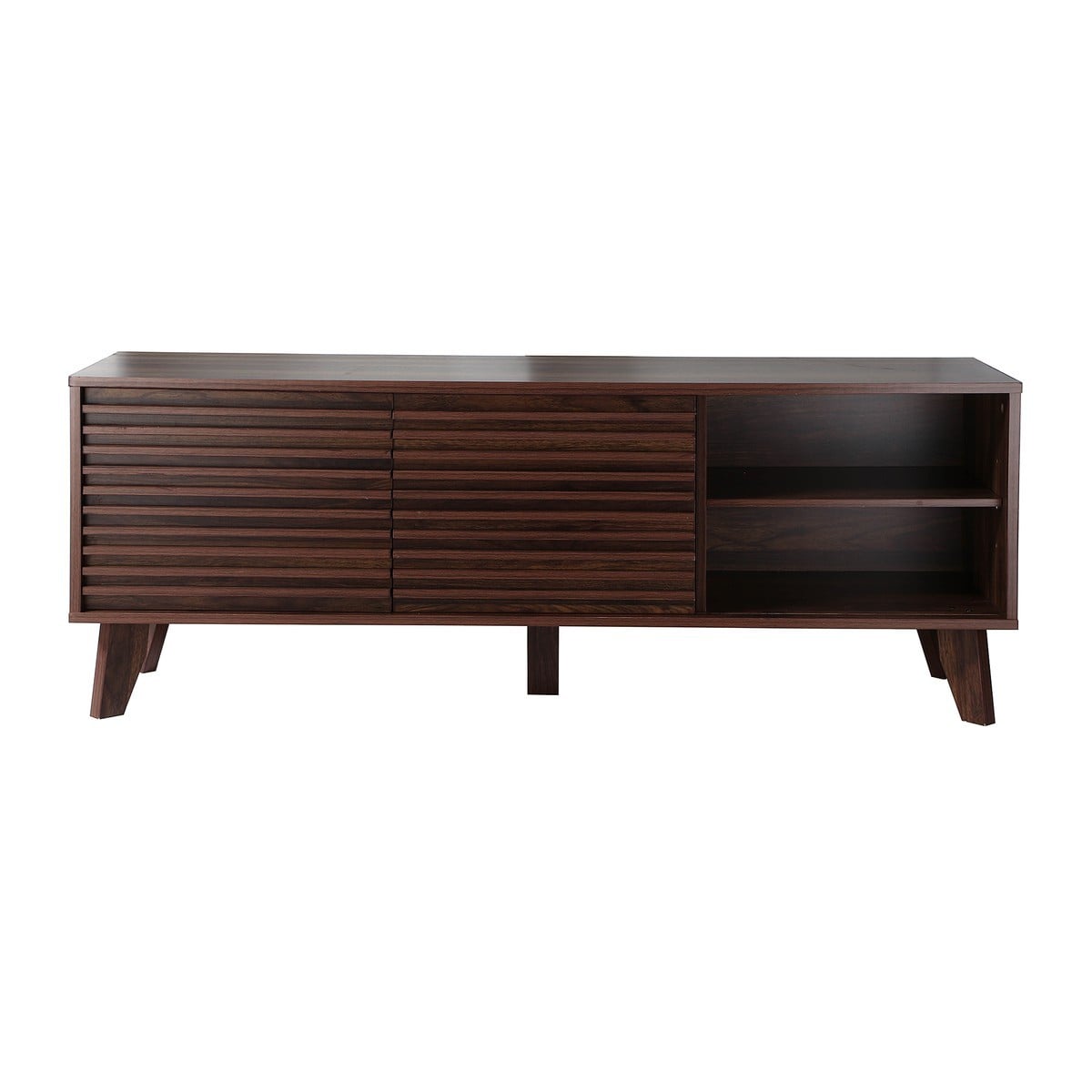 Meuble TV portes coulissantes Façades Effet Bois Rainuré L135 cm - FRIBOURG bois foncé, CALICOSY