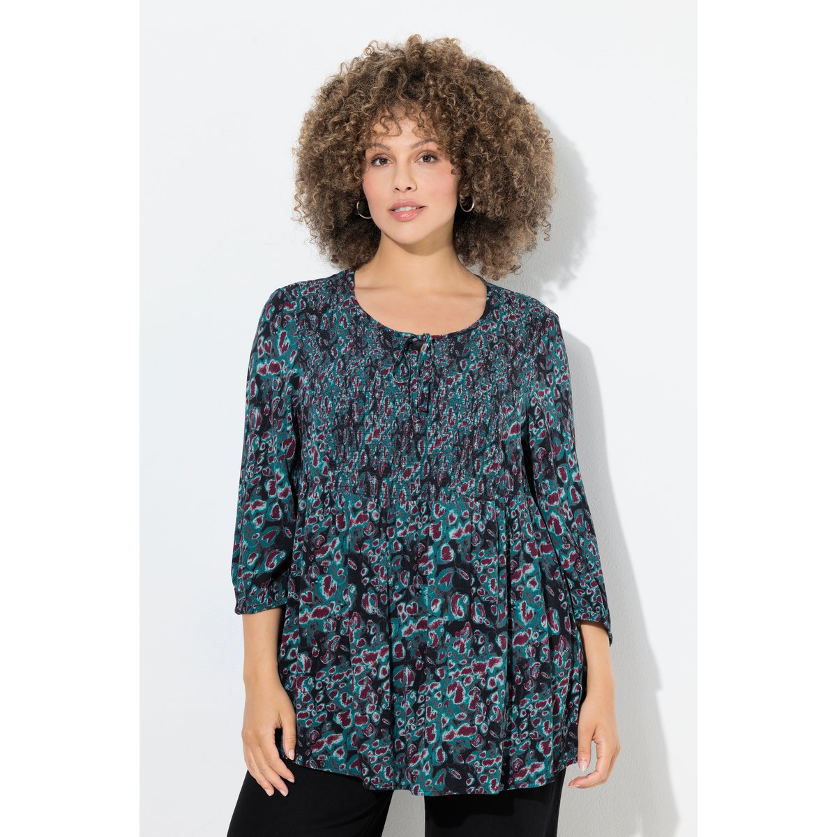 Blouse smockée motif léopard, coupe évasée vert pétrole, ULLA POPKEN