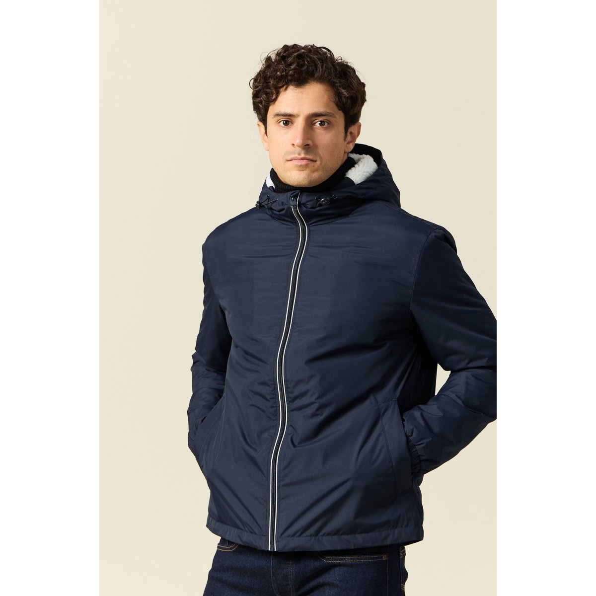 Parka courte droite effet polaire bleu marine, BONOBO