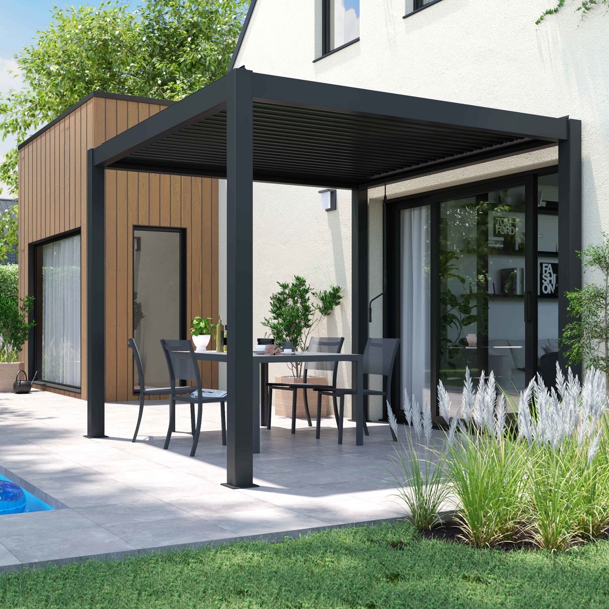 Pergola bioclimatique autoportée gris 3 x 3 x 2.57 m gris, OVIALA