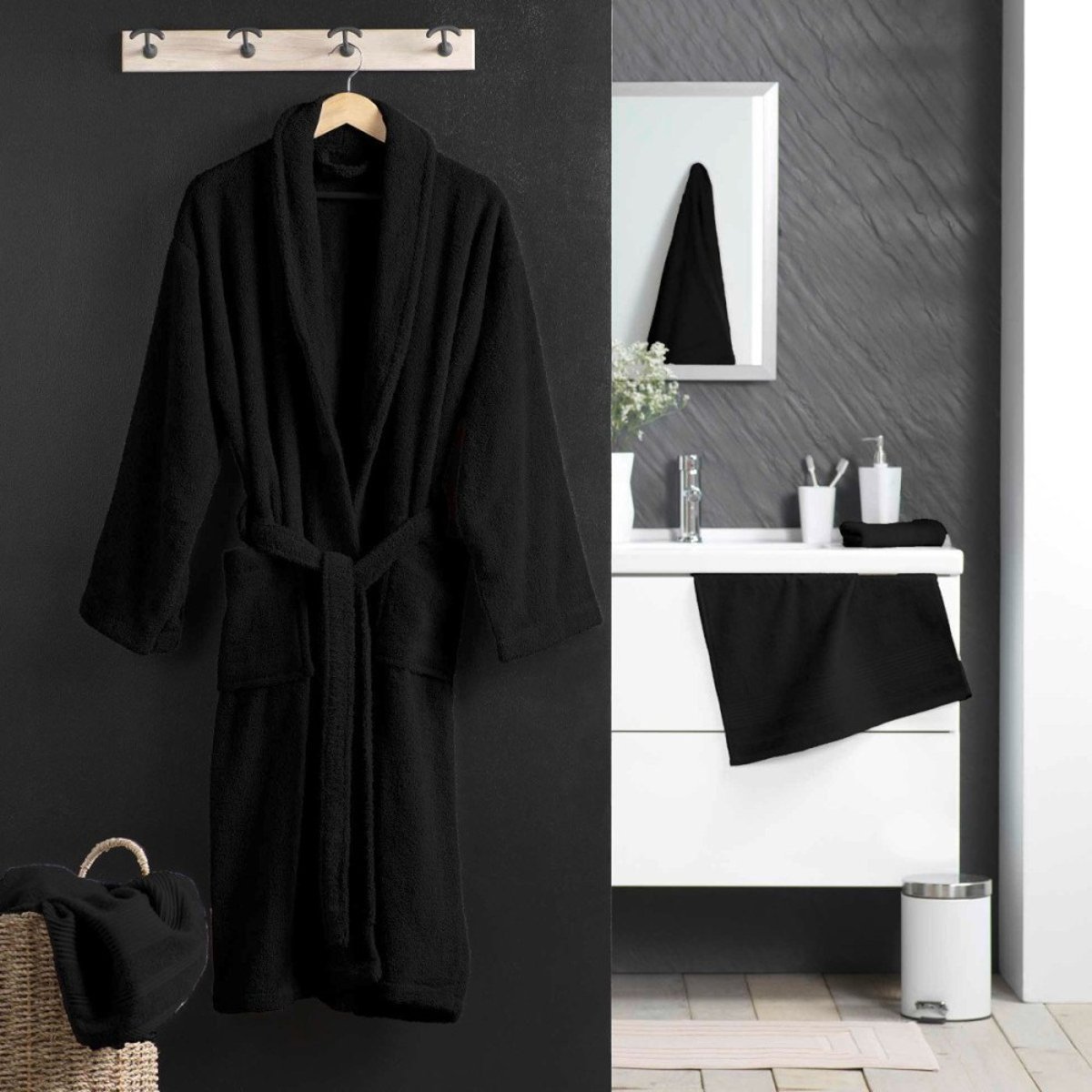 Peignoir col châle en éponge avec ceinture noir, DECORATIE
