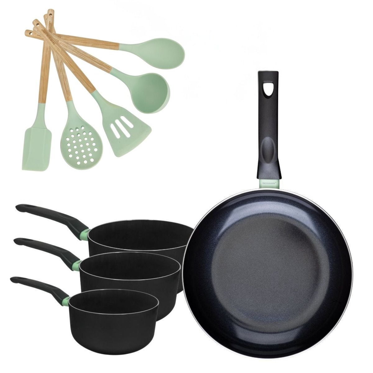 Batterie 1 poêle 24cm + 3 casseroles 16/18/20cm BRANDAO OCÉAN noir|vert, FACKELMANN