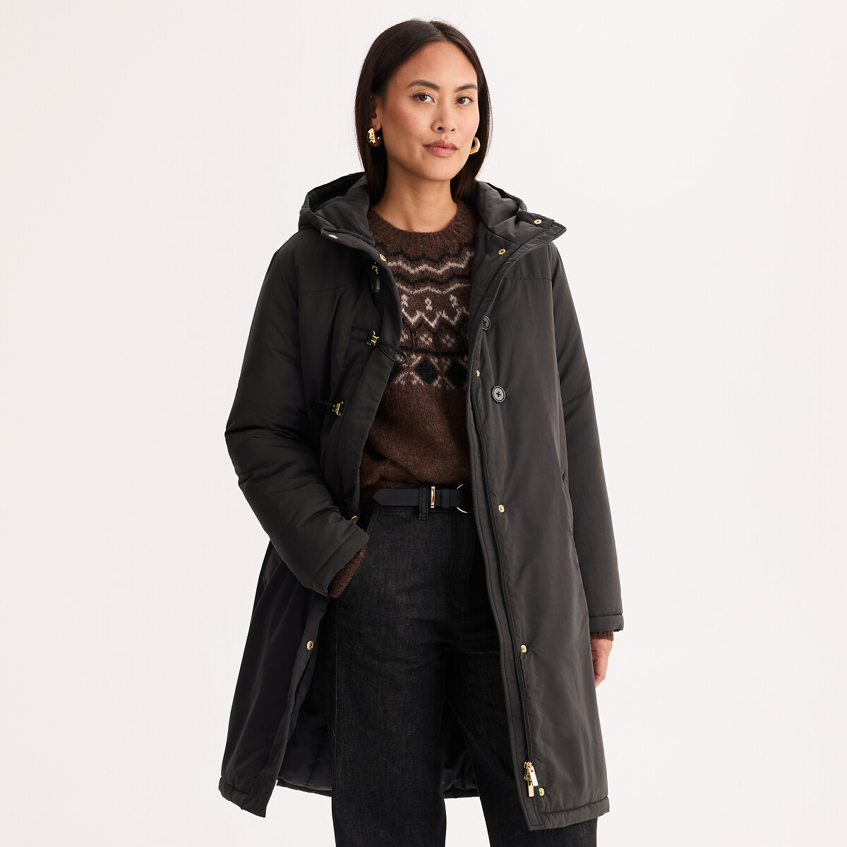 Parka mi-longue, à brandebourgs et capuche noir, ANNE WEYBURN
