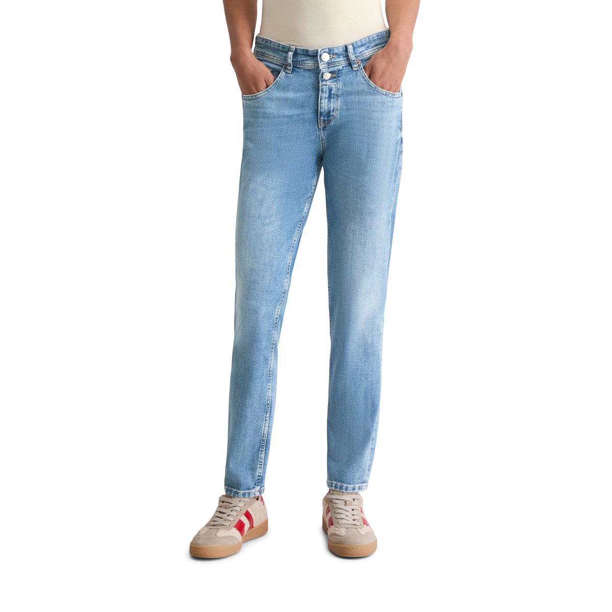 Jeans modèle Theda boyfriend cropped avec deux boutons bleu moyen, MARC O'POLO
