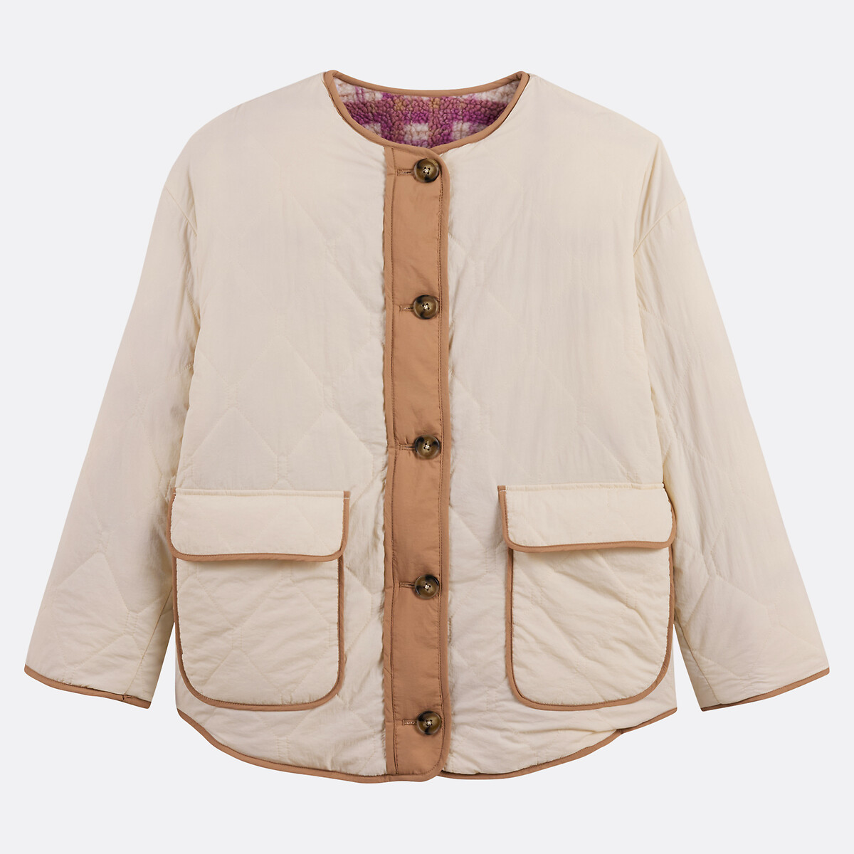 Reversible Quilted Jacket, Plain/Checked pink checks, LA REDOUTE COLLECTIONS