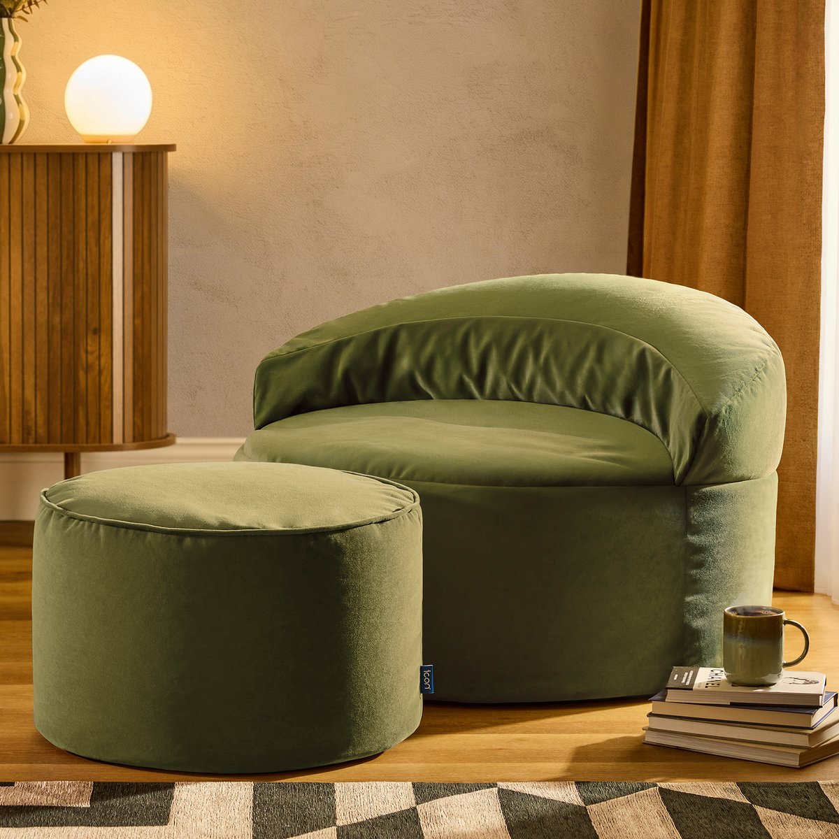 Pouf repose-pieds rond en velours mat Oeko-Tex® - MILANO bleu marine, ICON