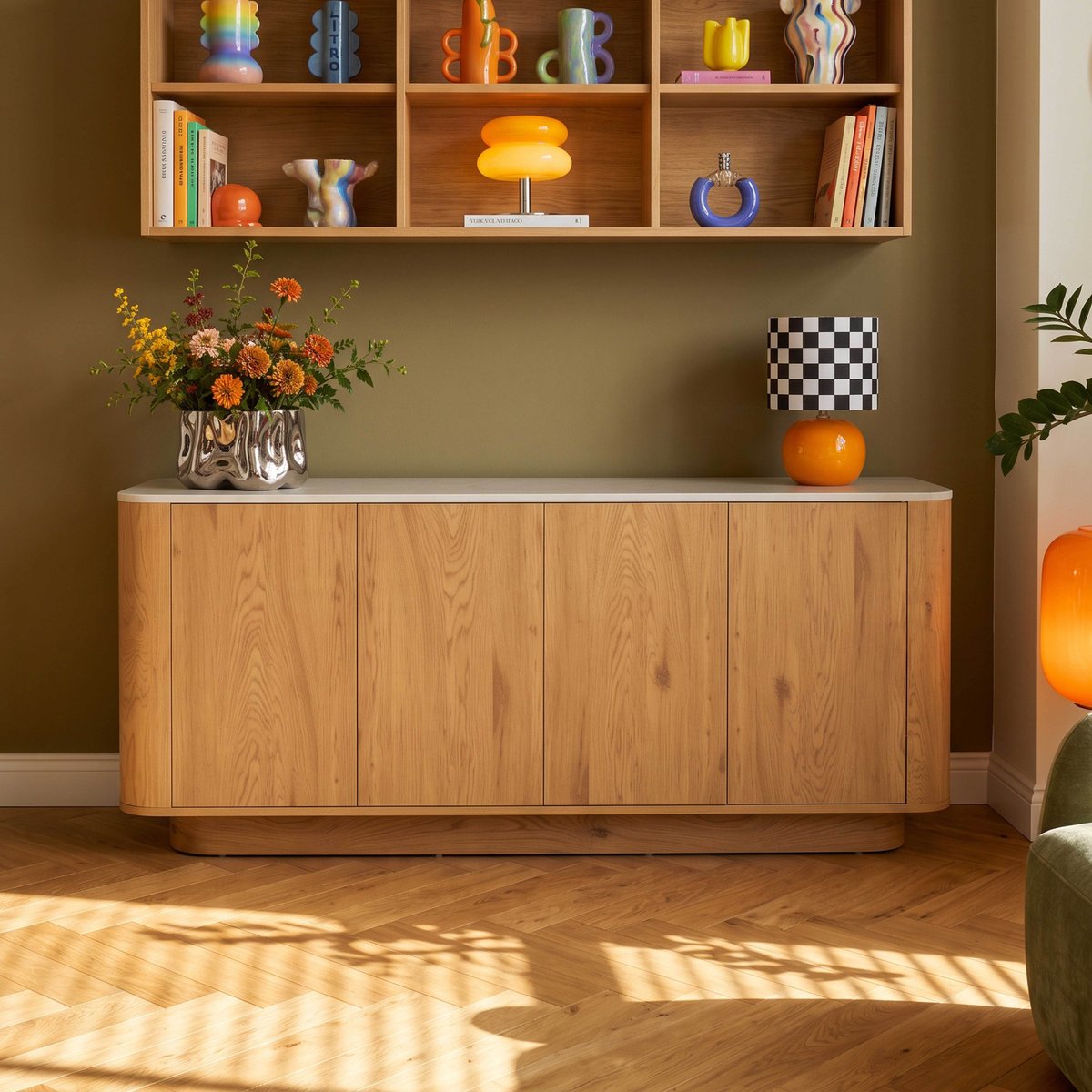 Buffet effet bois 4 portes 180 cm style scandinave, THEODORE bois clair, OVIALA